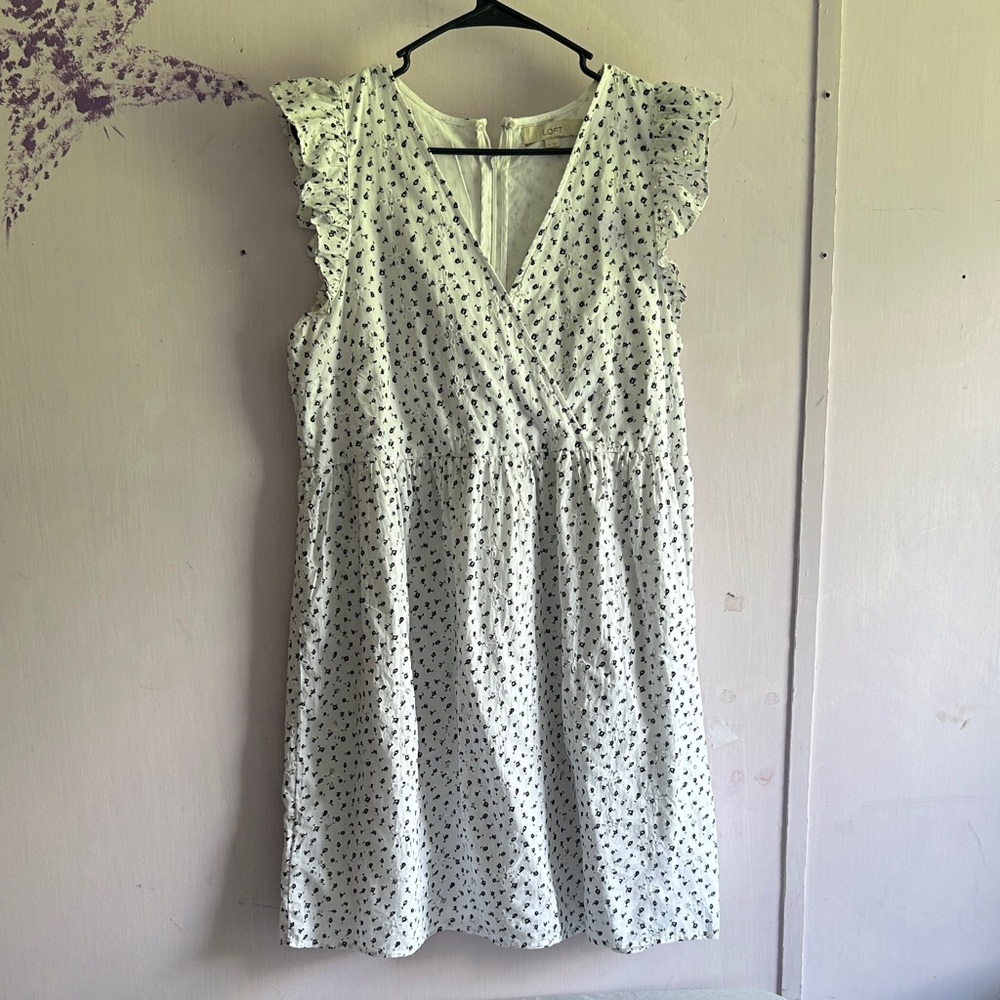 LOFT Women's White‎ Patterned Mini Dress, Ruffle Short Sleeve-Size 8